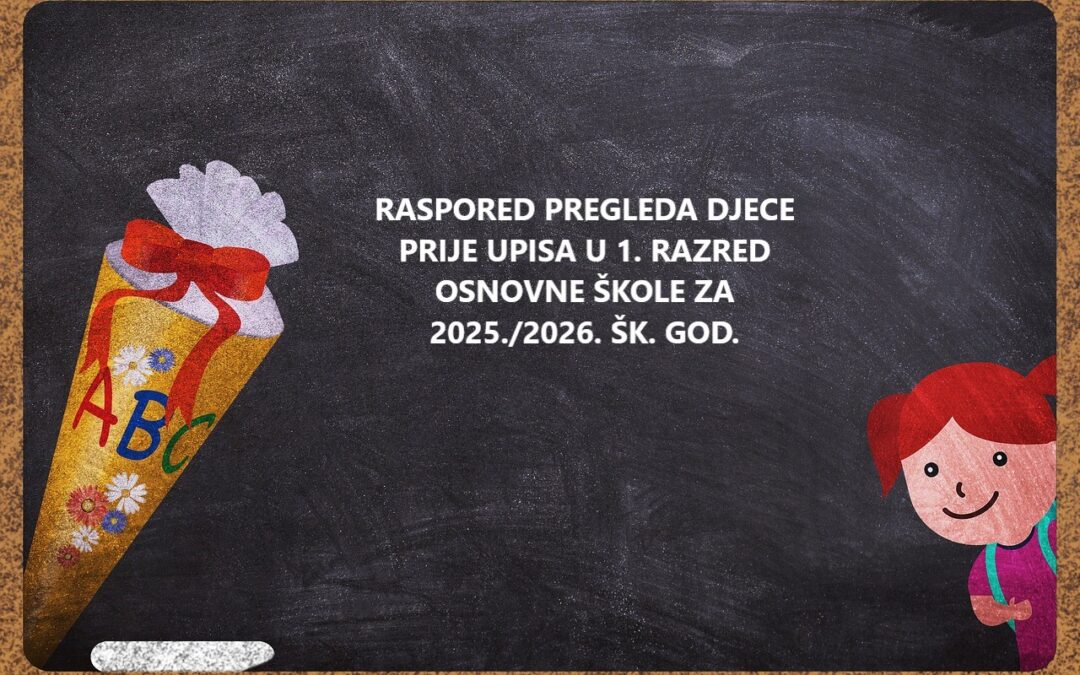 RASPORED PREGLEDA DJECE PRIJE UPISA U 1. RAZRED OSNOVNE ŠKOLE ZA 2025./2026. ŠK. GOD.